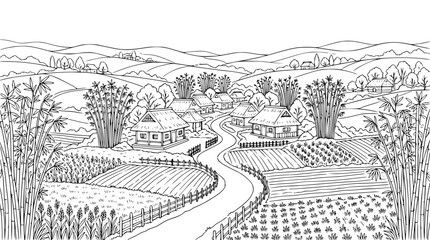 Fototapeta premium Hand drawn rural village landscape coloring page with farm houses and bamboo