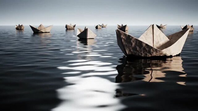 Close-up of a textured origami paper boat floating on dark reflective liquid resembling ink with soft ripples and distant ships under cinematic lighting conditions.