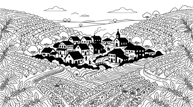 Hand drawn black and white rural village with terraced fields and coffee harvest