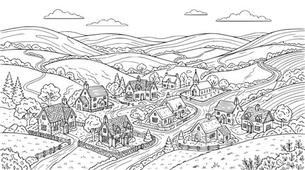 Obraz premium Rural Village Landscape Coloring Page with Rolling Hills and Houses Line Art