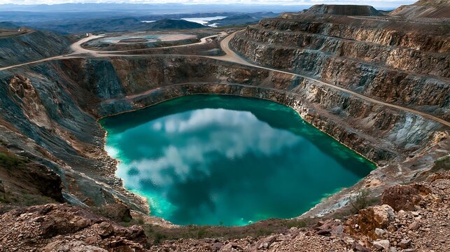 Mine pit features a deep turquoise pool of water surrounded by steep rocky walls within a remote mountainous landscape.