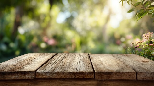 Wooden plank table foreground with blurred summer garden bokeh background, natural tones ideal for catering presentation or product display