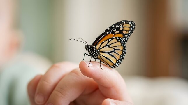 Monarch butterfly on a child finger. Close up of insect resting on a small hand.