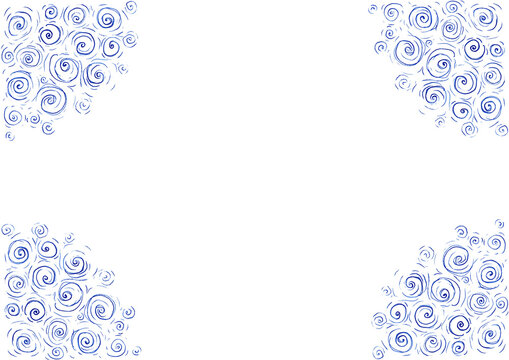 Frame of patterns in each corner of background. Patterns consist of spirals, circles, curls. Different sizes. Line art, doodle. Blue color. White copy space. Wedding invitation, postcard, certificate.