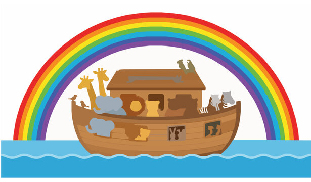 Noahs Ark with Rainbow Above Ocean Biblical Story Cartoon Vector Illustration for Children