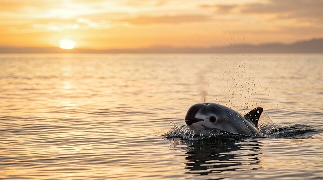 Vaquita surfacing quietly to breathe, tiny splash and water droplets frozen in motion, golden sunrise over calm ocean