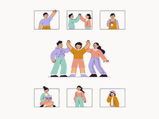 Fototapeta premium Diverse People Celebrating in Various Poses on White Background