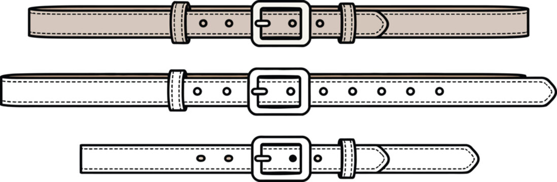 Cad drawing technical illustration of leather belts with buckles design template
