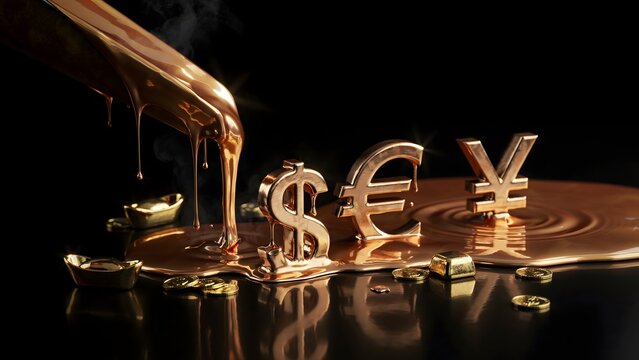 Gold pour forming dollar and euro currency symbols &ndash; Ideal for forex trading platforms, economic textbook covers, or executive summaries.