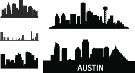 Obraz premium Austin Texas Skyline Silhouette Collection with Modern Cityscape Vector Landmark Set