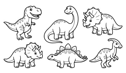 Cute Cartoon Dinosaur Character Collection with Different Prehistoric Species Outline Vector Illustration Set © Boloram