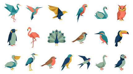 Obraz premium Diverse set of bird species icons illustrated in colorful geometric origami paper style on white background, illustrating creative logo design and representing wildlife conservation
