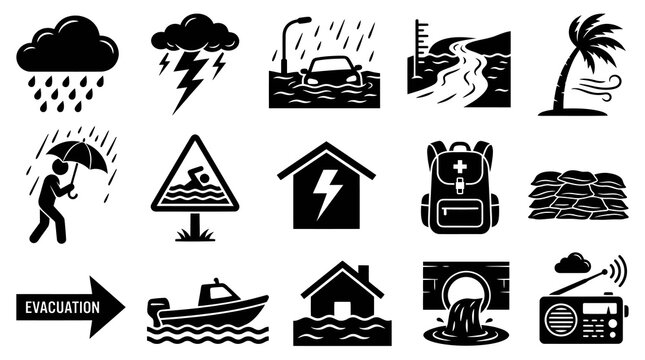 Natural Disaster  Emergency Preparedness Glyph Icons. Flood, Weather Hazard, Warning  Safety Black  White Vector Symbols.