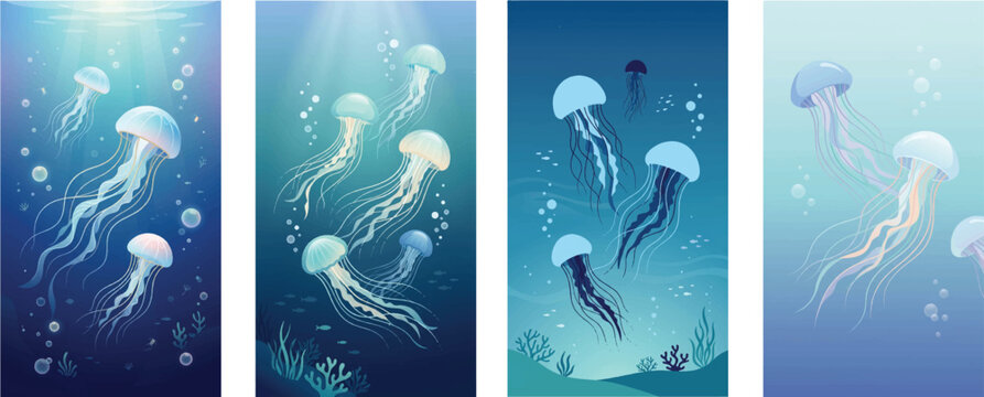 A collection of four vertical posters featuring glowing jellyfish in deep blue ocean water.
