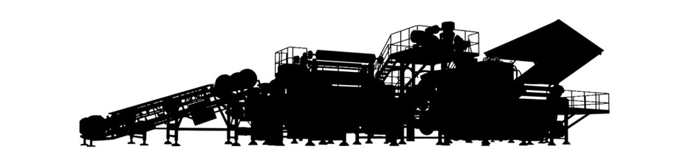 Obraz premium Black silhouette of a large industrial mining machine with conveyor belt for crushing and processing rocks and heavy materials in construction Vector