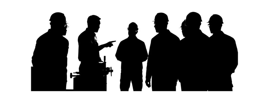 Black silhouette of a group of industrial construction workers and an engineer talking at a work site Vector