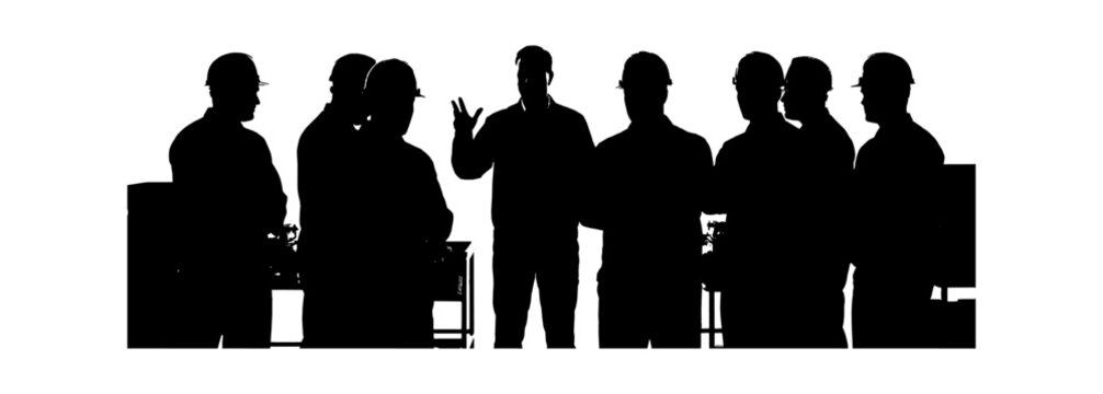 Silhouette of a group of construction workers and engineers talking at a building site meeting Vector