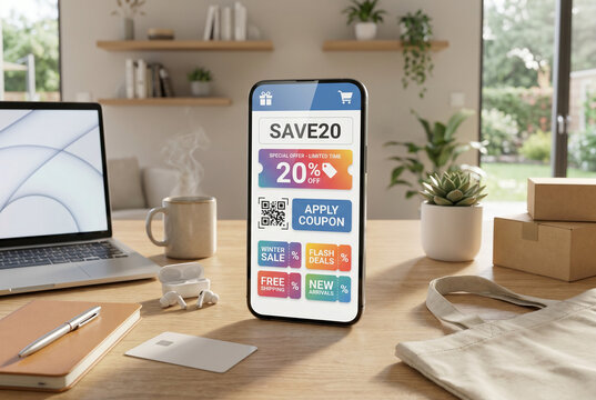 Smartphone displaying coupon code for Black Friday discounts on desk  