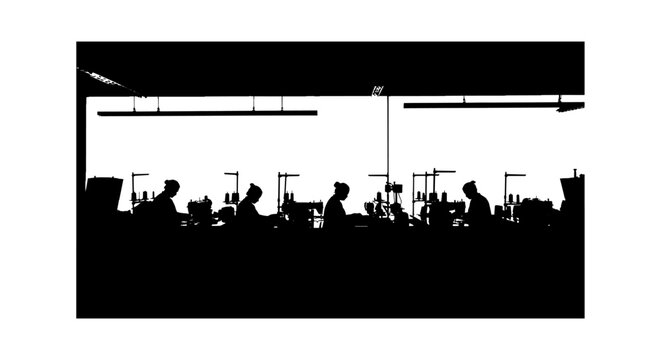 Silhouette of garment workers using sewing machines in a clothing factory production line Vector