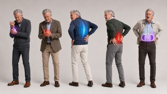 Senior man suffering from various body pains. Elderly male feeling wrist, hand, back, spine, and kidney discomfort. Anatomy of pain highlighted with glowing digital charts for healthcare.