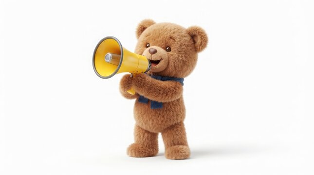 A teddy bear holding a megaphone announces something important.
