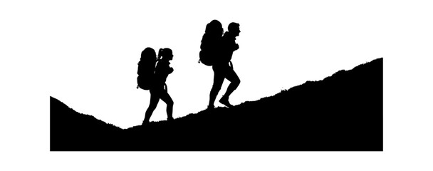 Naklejka premium Silhouette of a man and woman hiking up a mountain slope with heavy backpacks Vector