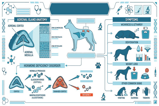 Veterinary infographic illustrating canine Addison's disease causes, adrenal dysfunction, warning signs, diagnosis, therapy, and prevention awareness