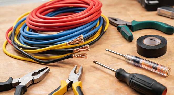 Various colored electrical wires and hand tools arranged on a wooden workbench for electrical work.