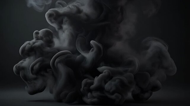 Dense black smoke swirling and twisting in a dark shadowy space with mysterious abstract shapes