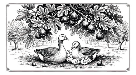 Vintage woodcut goose family in fig orchard, antique engraving of geese and goslings under fruit trees, black and white farm animal vector © sajida