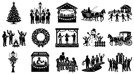 Fototapeta premium Christmas Market Black and White Silhouette Icons Set