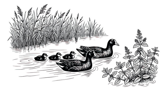 Vintage engraving of coot family swimming in pond, hand drawn black and white duck illustration, wild waterfowl with ducklings in marsh reeds