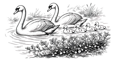 Vintage swan family illustration, antique woodcut style engraving of swans and cygnets on a pond, retro black and white nature scene vector © sajida