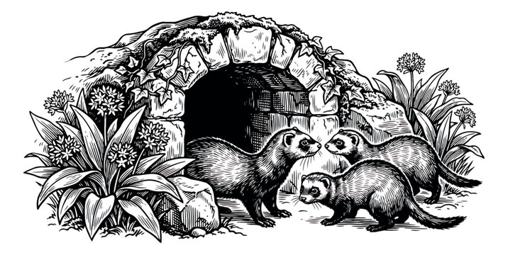 Vintage woodcut ferret illustration, group of three ferrets at stone burrow entrance, antique style wildlife engraving for nature books