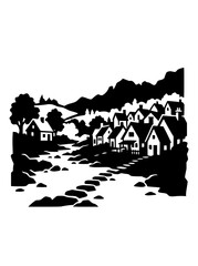 Obraz premium Black and white village landscape illustration with river and mountains