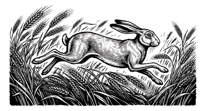 Vintage woodcut hare running through wheat field, rustic linocut rabbit illustration, black and white engraved wildlife vector for organic packaging