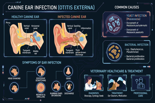 Educational canine ear infection infographic showing common pathogens, warning signs, diagnostic procedures, therapies, and proper ear hygiene
