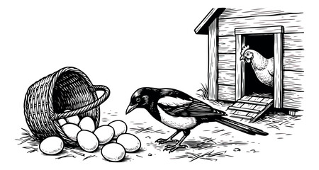 Vintage woodcut farm illustration, magpie bird stealing eggs from a wicker basket, rustic chicken coop with hen in a classic hand-drawn engraving style © sajida