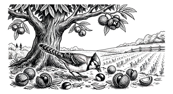 Vintage woodcut illustration of a blue jay bird under a chestnut tree, rustic farm landscape with nuts and orchard, hand-drawn black and white engraving