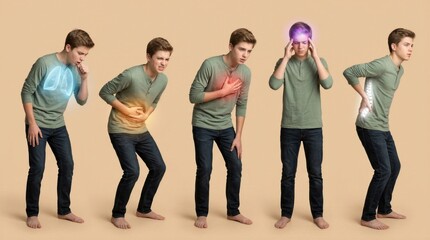 Obraz premium Teenager boy suffering from various body pains and health issues. Anatomy visual showing lung, stomach, heart, head, and backache. Medical diagnostic concept for illness and symptoms.