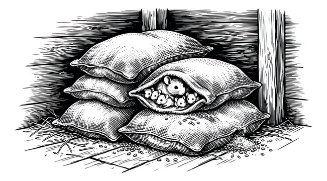 Vintage woodcut illustration of mice in grain sacks, rustic farm barn scene with rodents eating flour, antique engraved style vector art