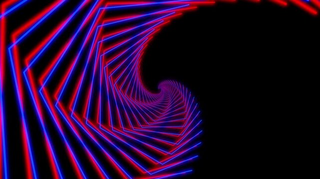 Abstract red blue neon geometric spiral tunnel corridor with moving shapes loop