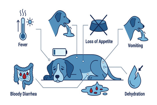 Comprehensive canine parvovirus symptoms infographic highlighting infection stages, clinical manifestations, treatment strategies, and vaccination importance clearly