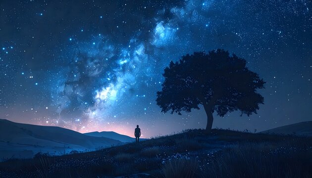 &Aacute;rbol en silueta bajo un cielo estrellado con v&iacute;a l&aacute;ctea sobre colinas en paisaje nocturno tranquilo