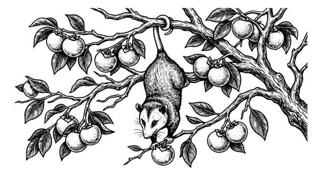 Vintage woodcut opossum hanging from fruit tree branch, hand drawn marsupial engraving, black and white wildlife illustration vector