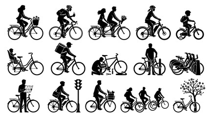 Naklejka premium Transportation and Lifestyle: Black Silhouette Vector Icons of People Riding Bicycles, Cycling, and Bike Activities