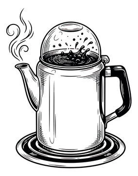 Vintage coffee percolator vector illustration, retro metal stovetop coffee pot with steam, hand drawn engraving style caffeine brewer icon