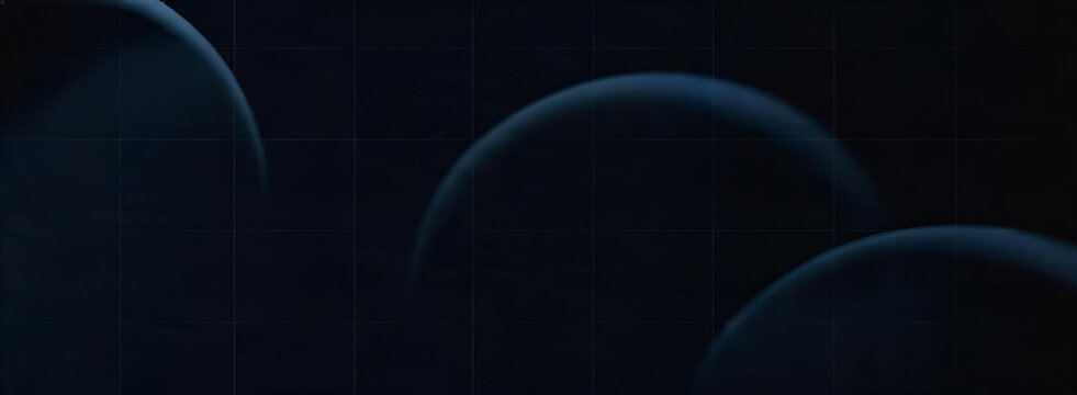 A dark abstract background featuring curved planetary-like shapes over a faint grid, in deep blue tones, suitable for digital design and technology themes.