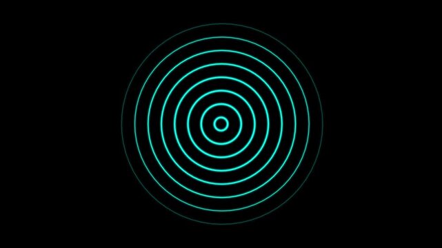 radio wave signal animated on black background. glowing digital circles expanding outward, bright frequency rings pulsing. electromagnetic wave motion, alpha channel seamless loop.