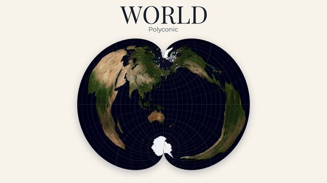 Polyconic world map. Rotating Earth with topography. White graticule lines. Seamless loop. 4K resolution. Elements of this animation derived from NASA imagery.